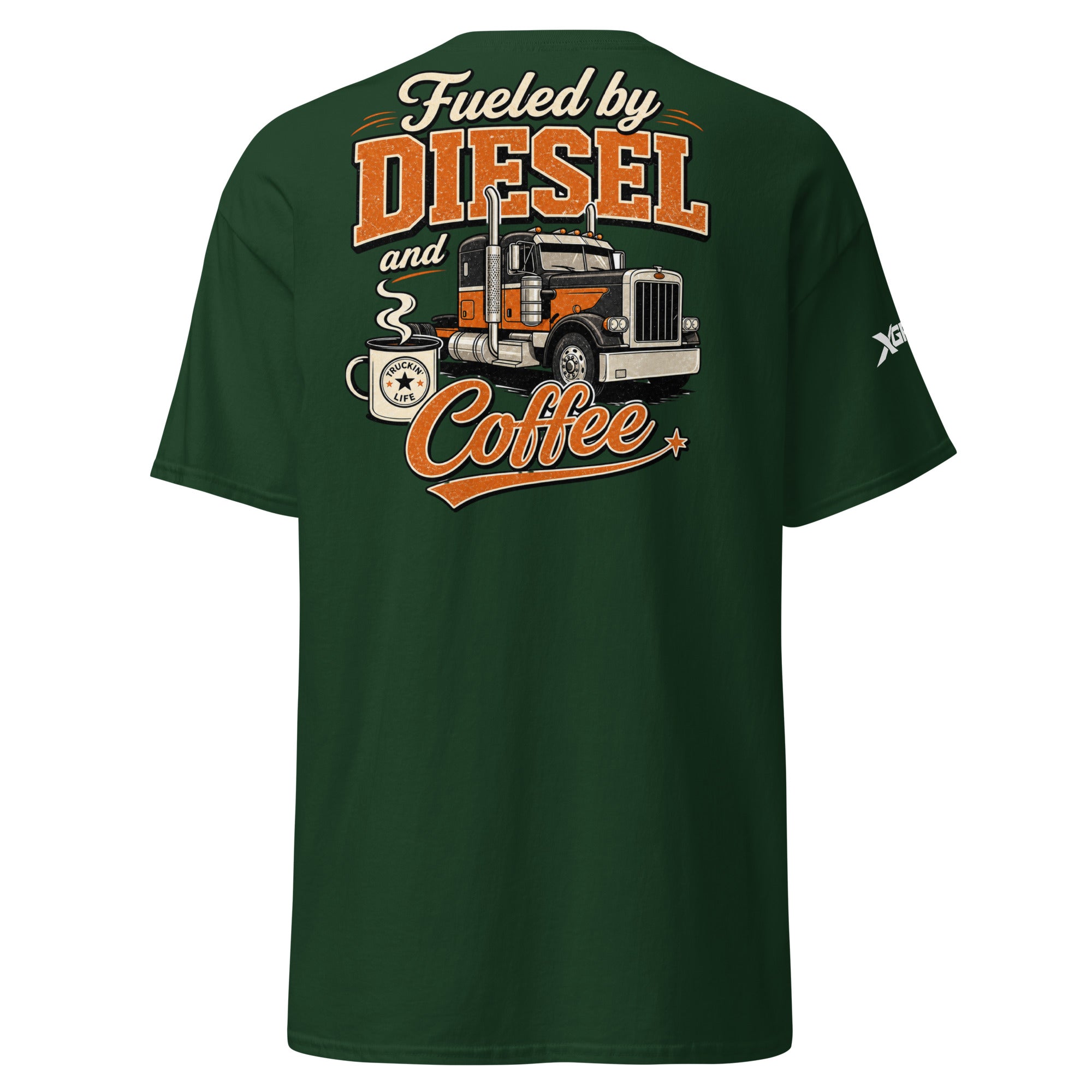 Fueled by Diesel and Coffee trucker T-shirt in forest green, back graphic