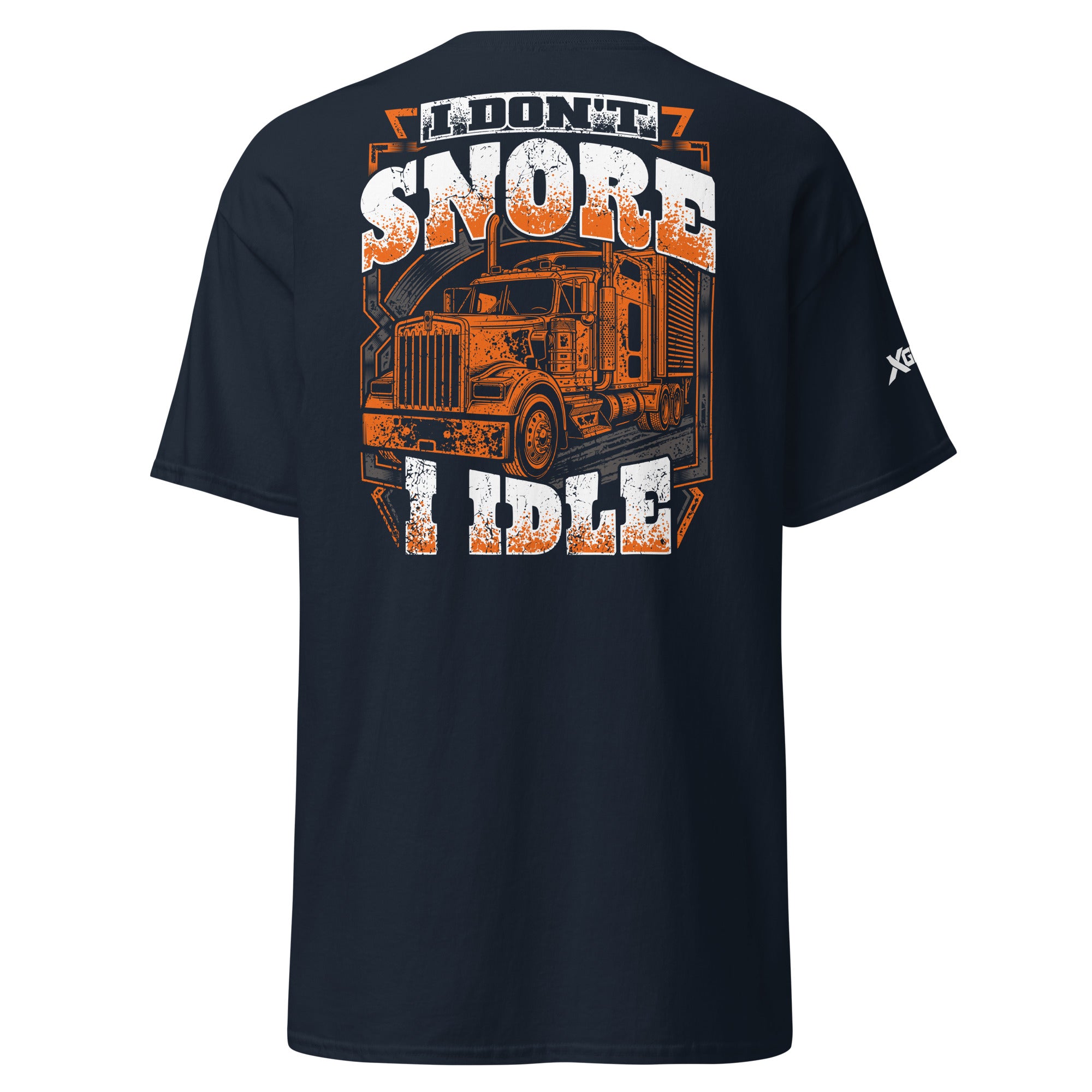 I Don't Snore I Idle trucker T-shirt in navy, back semi-truck graphic