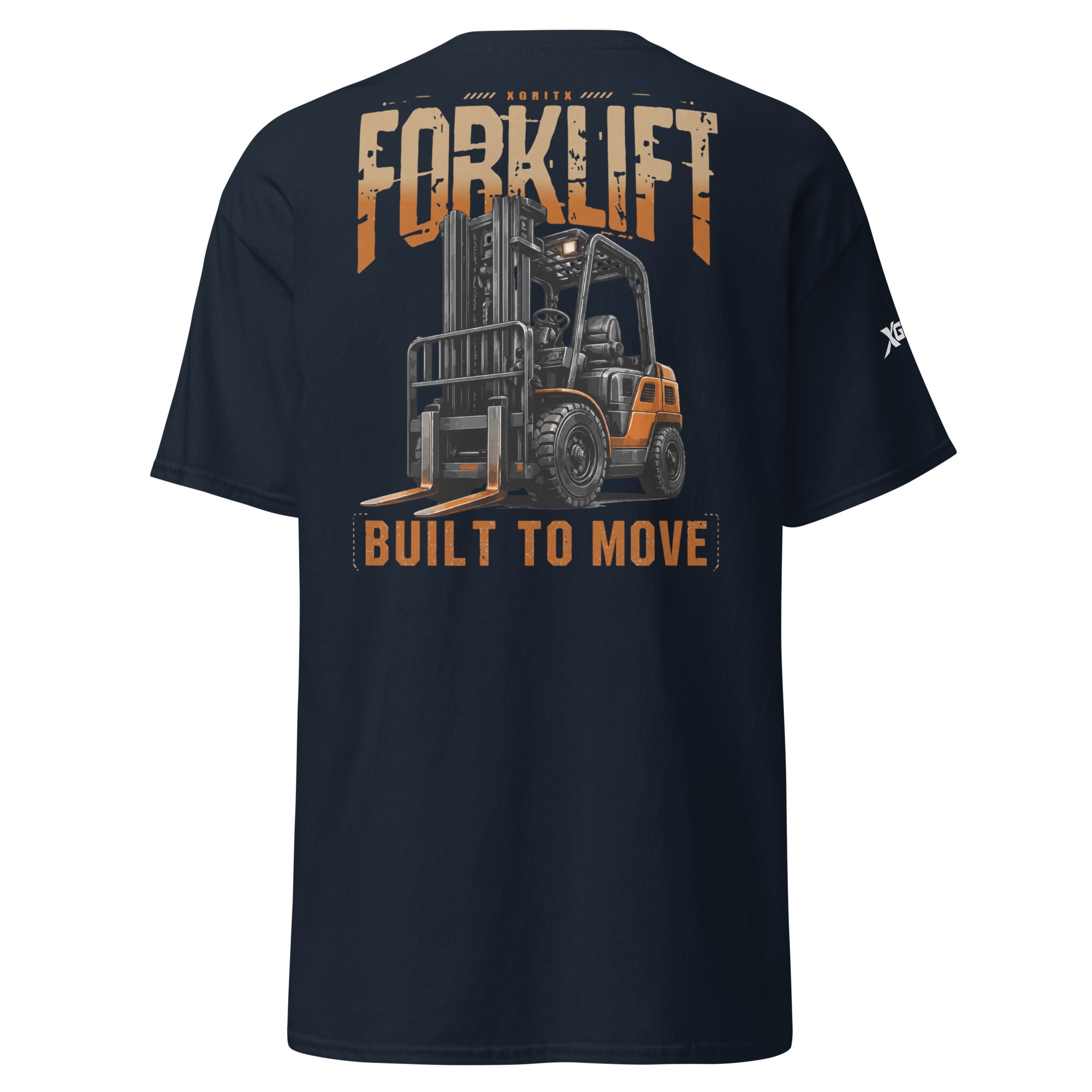 Built to Move forklift operator T-shirt in navy, back graphic view