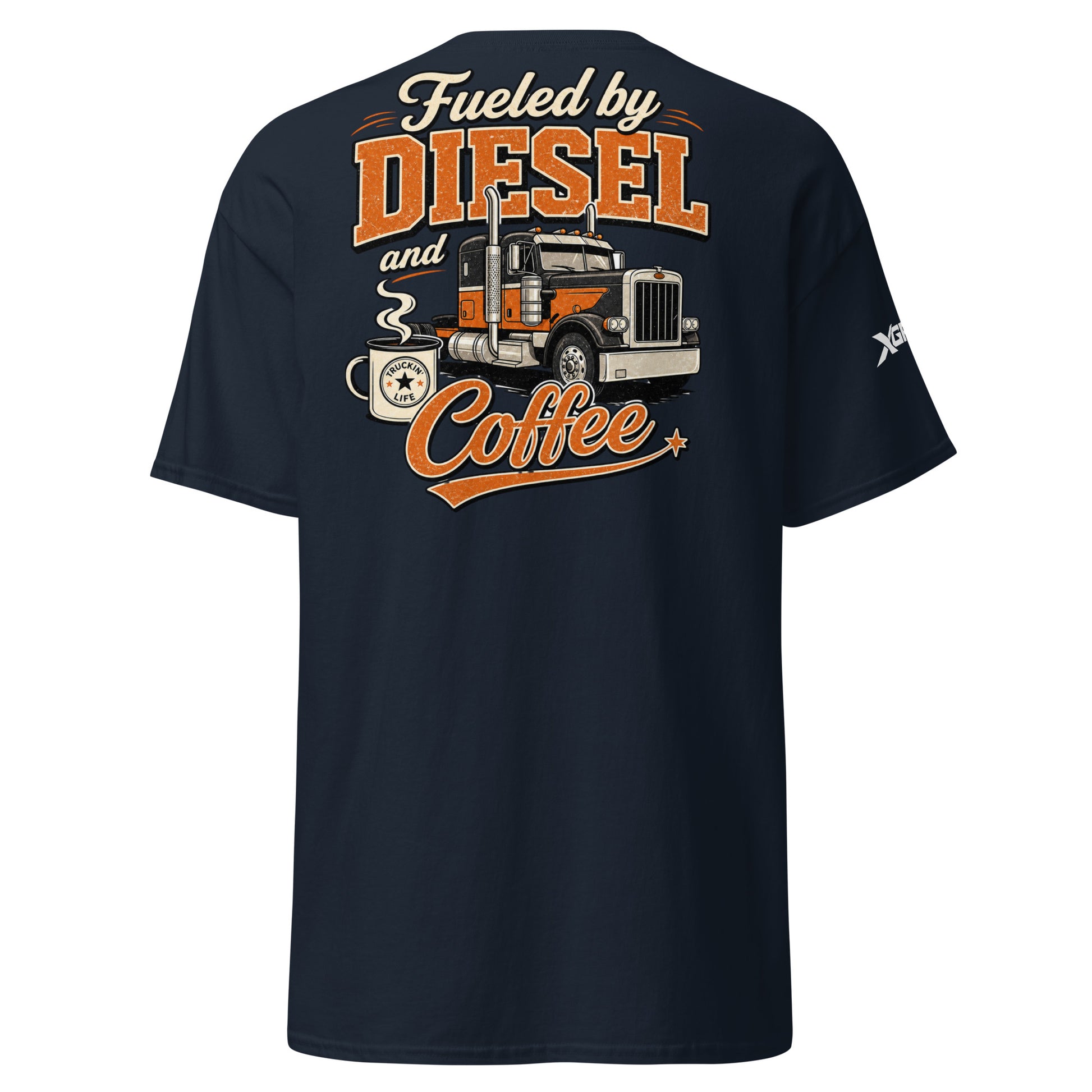 Fueled by Diesel and Coffee trucker T-shirt in navy, back semi-truck graphic