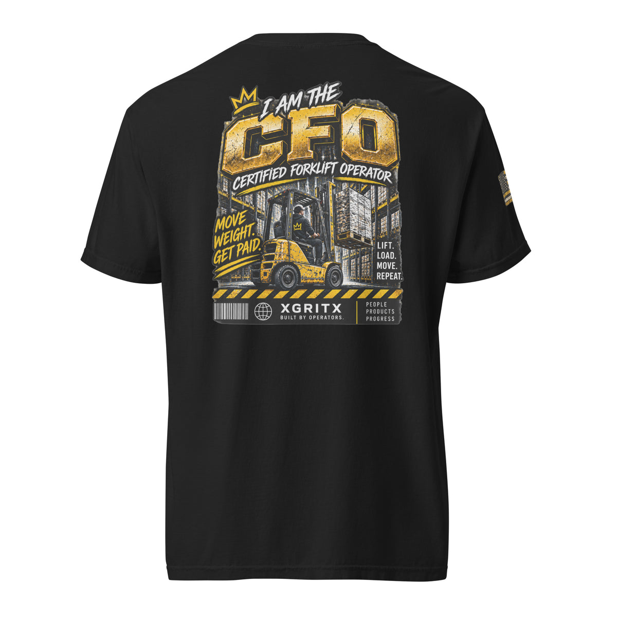 CFO Certified Forklift Operator Flag Sleeve T-shirt in Black, back view with I Am The CFO Move Weight Get Paid forklift print