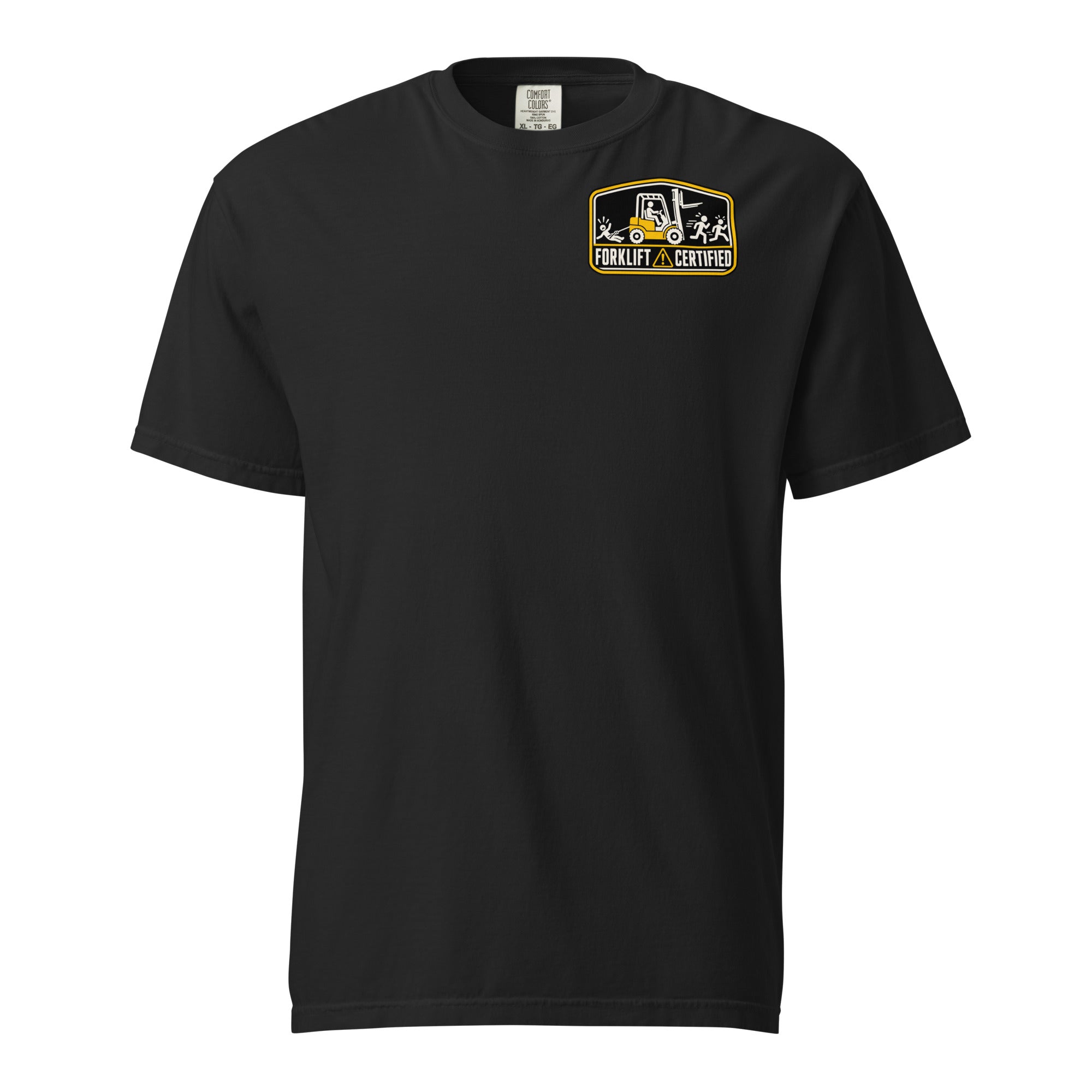 Forklift Certified Barely Warehouse Compliant black heavyweight T-shirt, front view