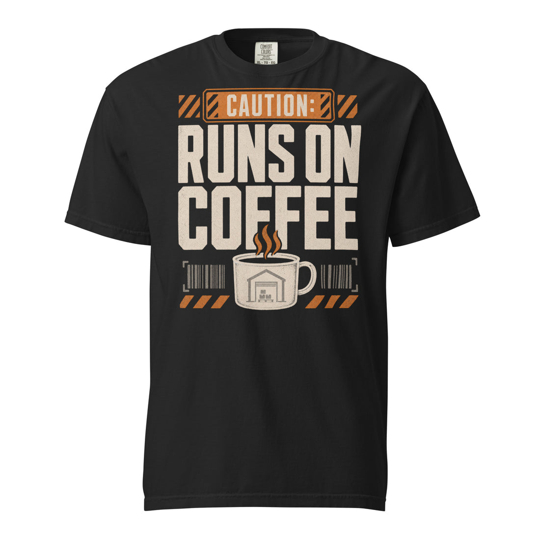 Caution Runs on Coffee warehouse worker heavyweight T-shirt in black, front view