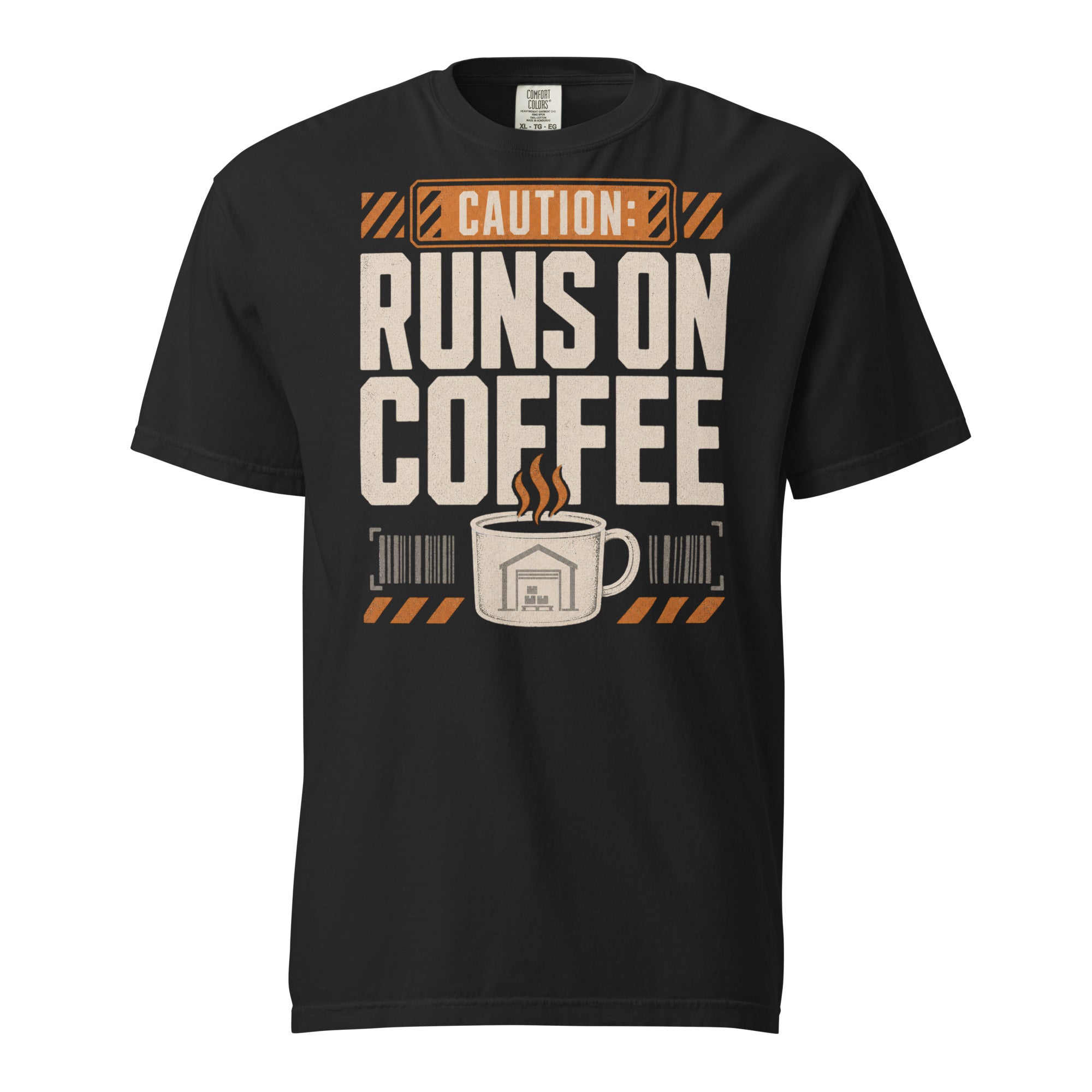 Caution Runs on Coffee warehouse worker heavyweight T-shirt in black, front view