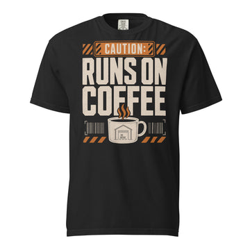 Caution Runs on Coffee warehouse worker heavyweight T-shirt in black, front view