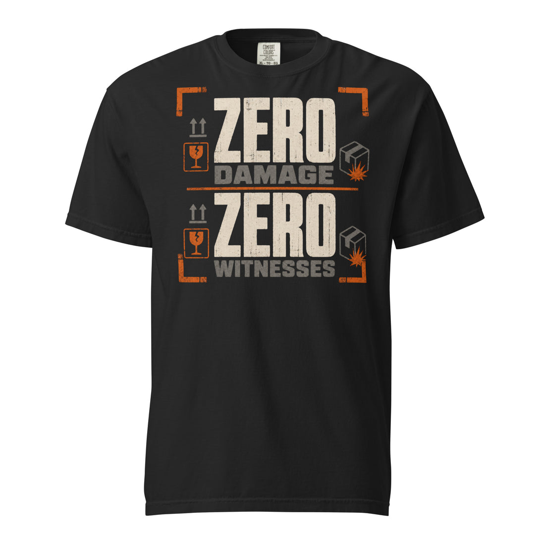 Zero Damage Zero Witnesses warehouse humor heavyweight T-shirt in black, front view