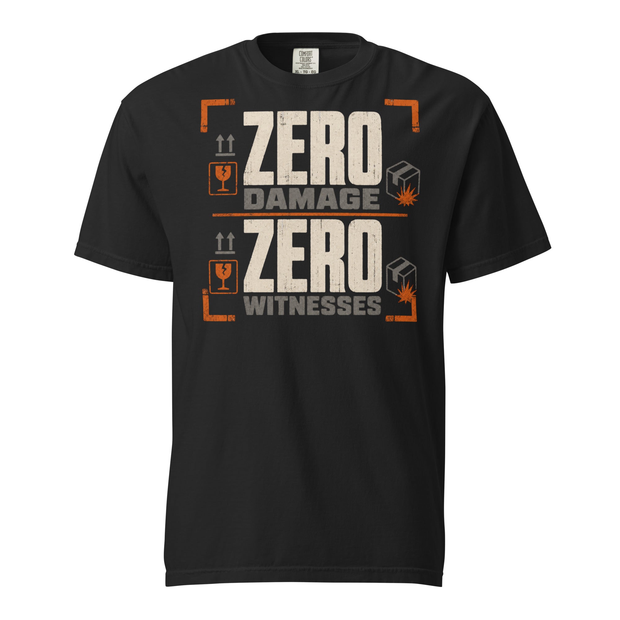 Zero Damage Zero Witnesses warehouse humor heavyweight T-shirt in black, front view