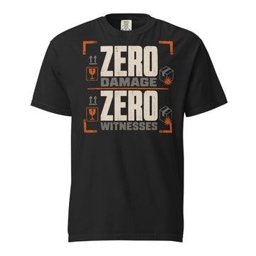 Zero Damage Zero Witnesses warehouse humor heavyweight T-shirt in black, front view