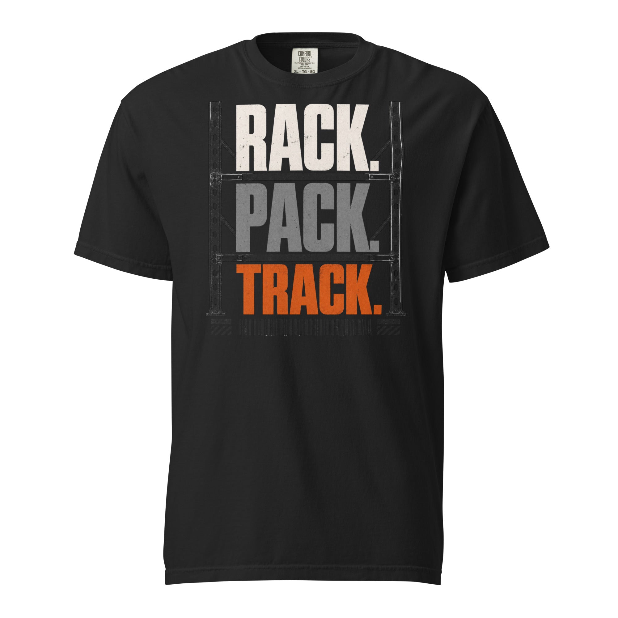 Rack Pack Track warehouse logistics heavyweight T-shirt in black, front view