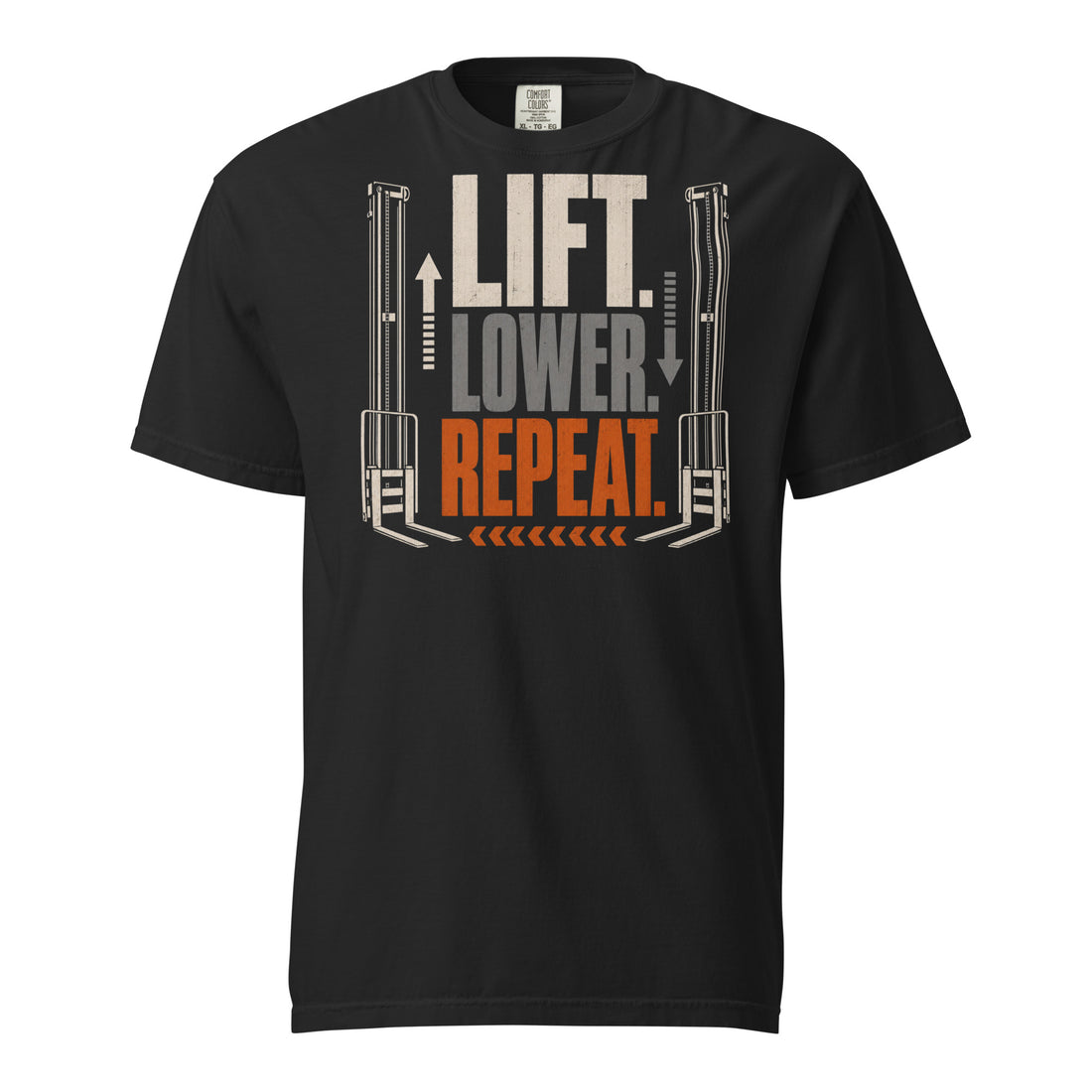 Lift Lower Repeat forklift operator heavyweight T-shirt in black, front graphic view
