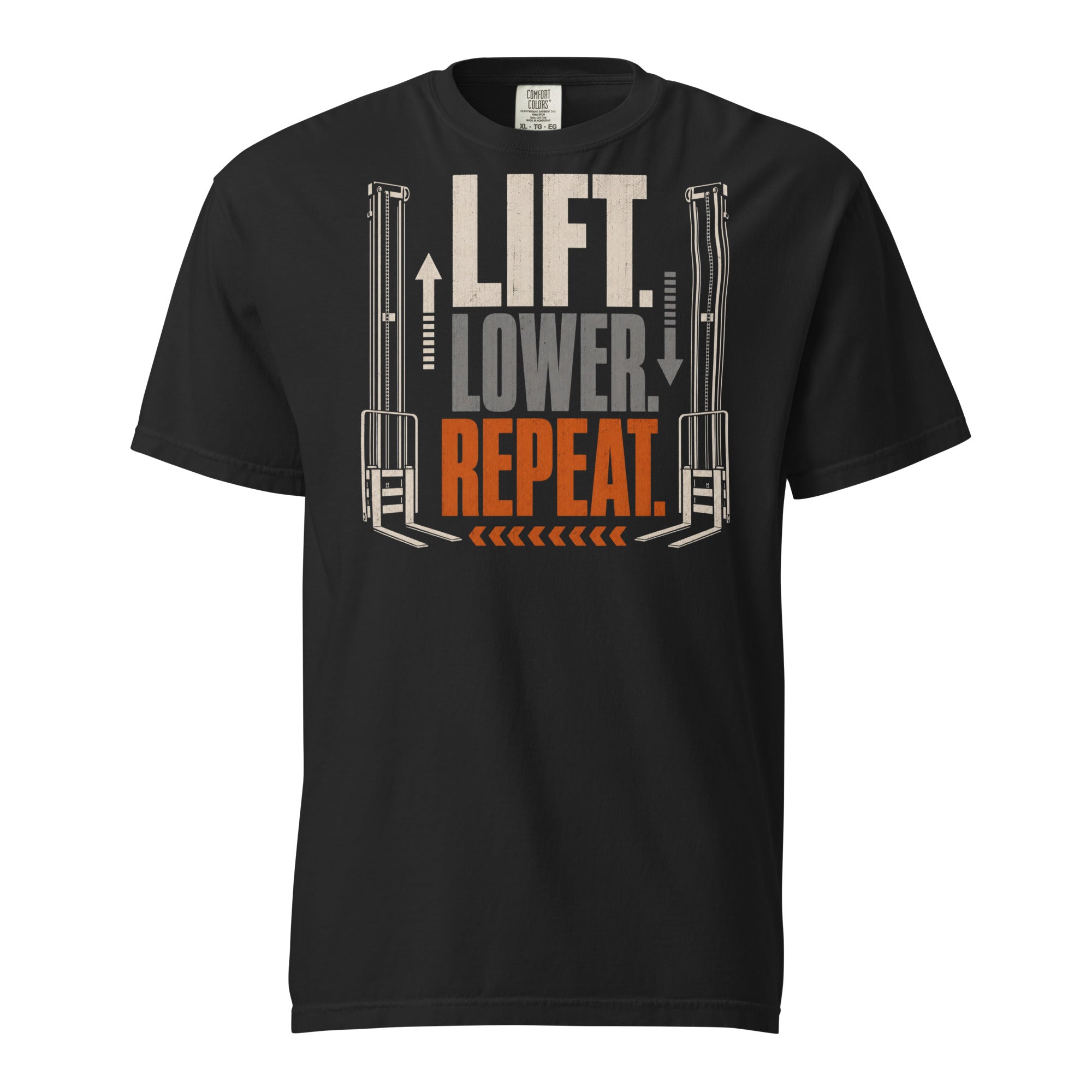 Lift Lower Repeat forklift operator heavyweight T-shirt in black, front graphic view