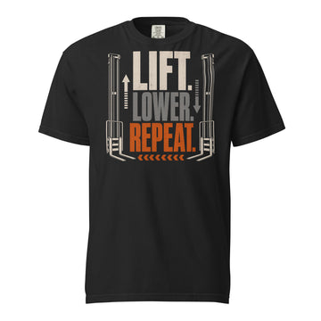 Lift Lower Repeat forklift operator heavyweight T-shirt in black, front graphic view