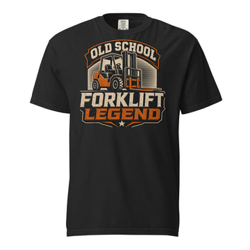 Old School Forklift Legend heavyweight T-shirt in black for forklift operators, front view