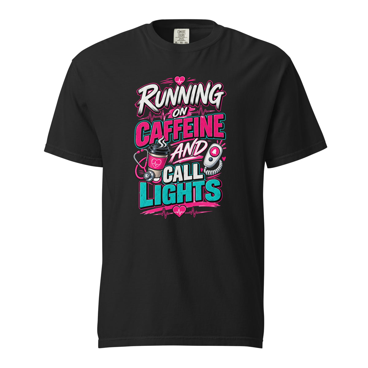 Running on Caffeine and Call Lights nurse t-shirt in black, front view