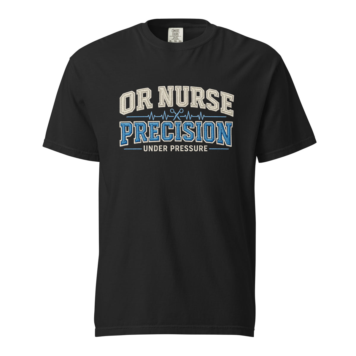 OR Nurse Precision Under Pressure operating room t-shirt in black, front view