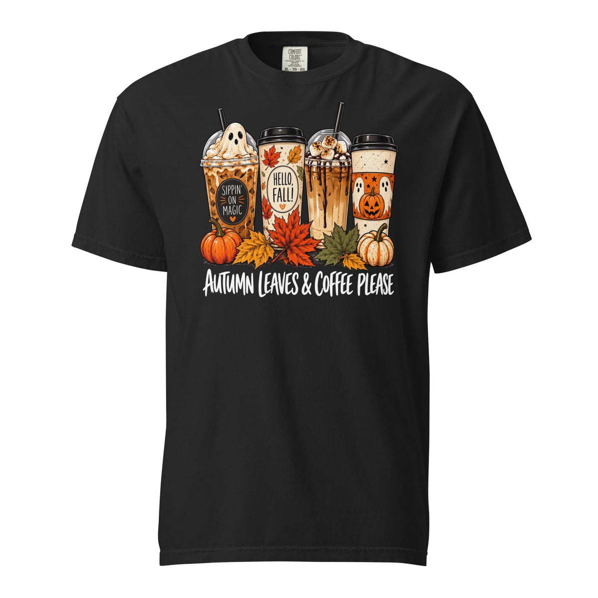 Autumn Leaves and Coffee Please fall coffee t-shirt in black, front view