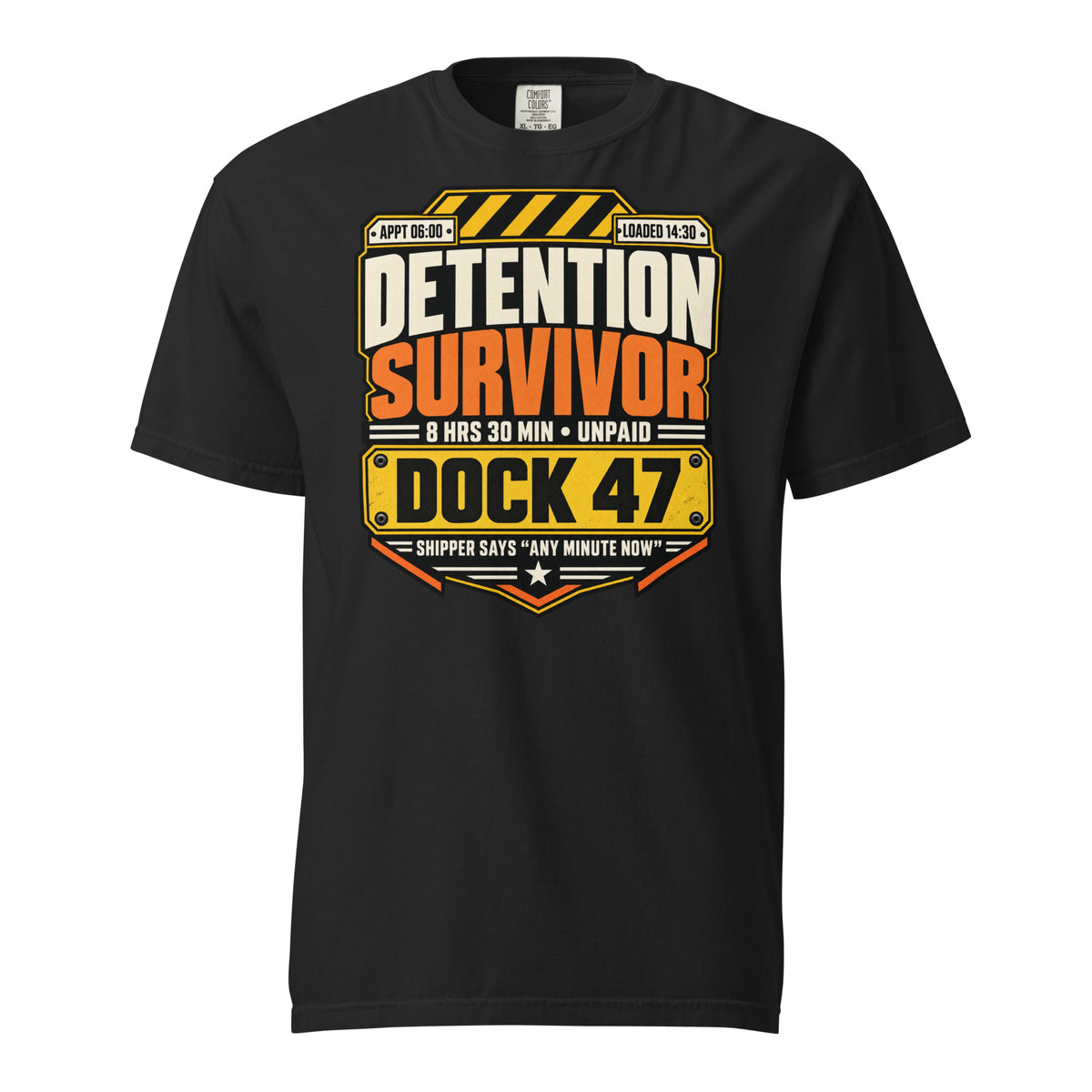 Black Comfort Colors trucker graphic T-shirt featuring bold Detention Survivor Dock 47 design and shipper says any minute now slogan.
