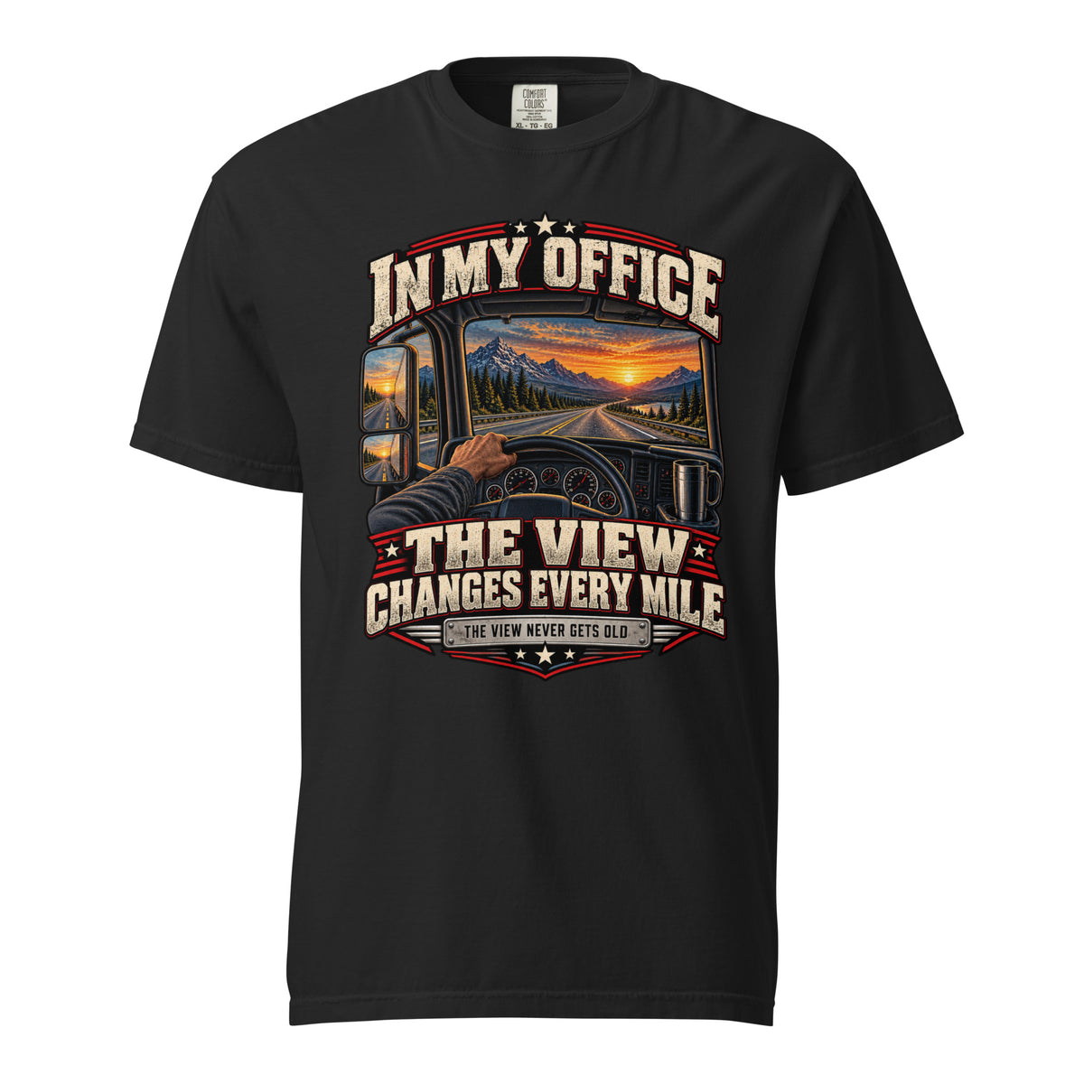Black Comfort Colors heavyweight t-shirt with In My Office The View Changes Every Mile windshield-view semi truck graphic, front view