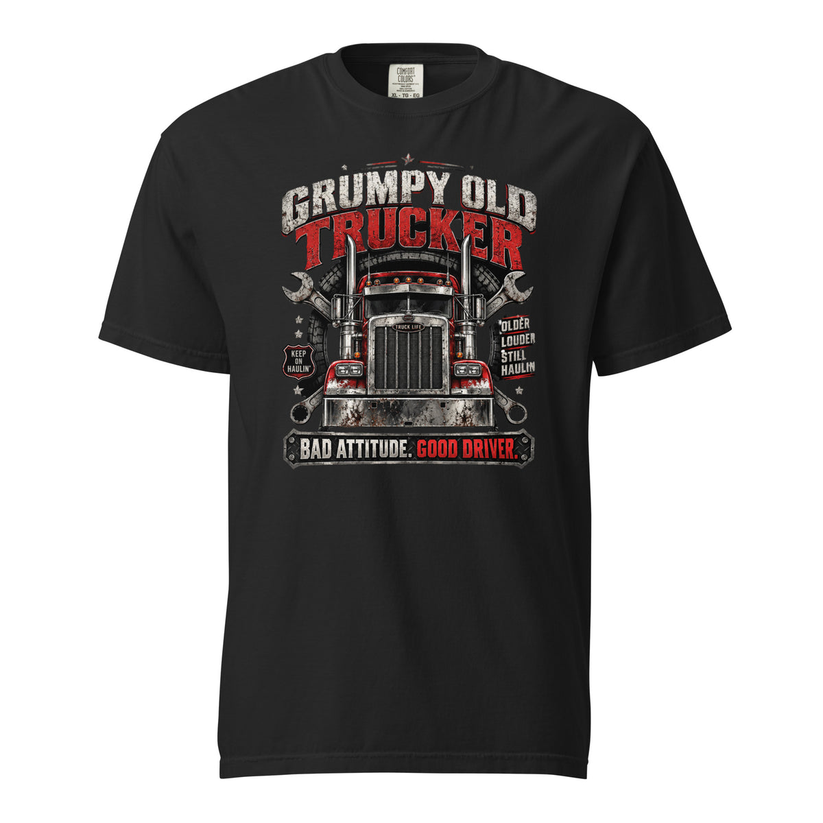 Black Comfort Colors heavyweight t-shirt with Grumpy Old Trucker Bad Attitude Good Driver red semi truck graphic, front view
