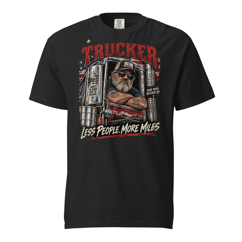 Trucker Less People More Miles T-Shirt – Funny Truck Driver Gift, Vintage Semi Truck Graphic Tee