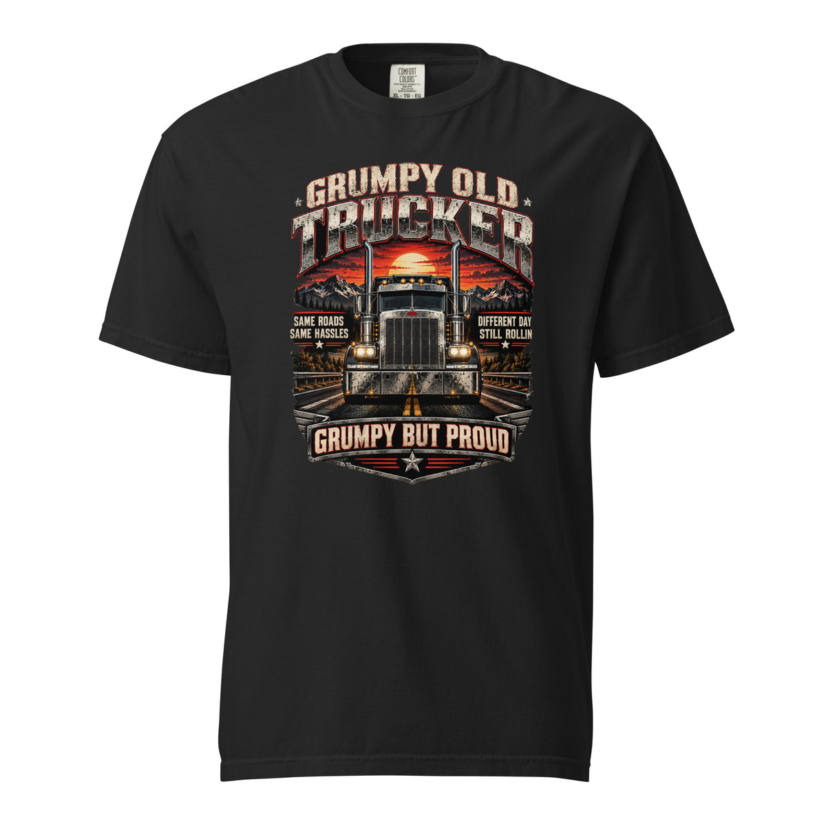 Black Grumpy Old Trucker heavyweight cotton graphic T-shirt featuring a semi-truck on an open highway and vintage trucking typography.