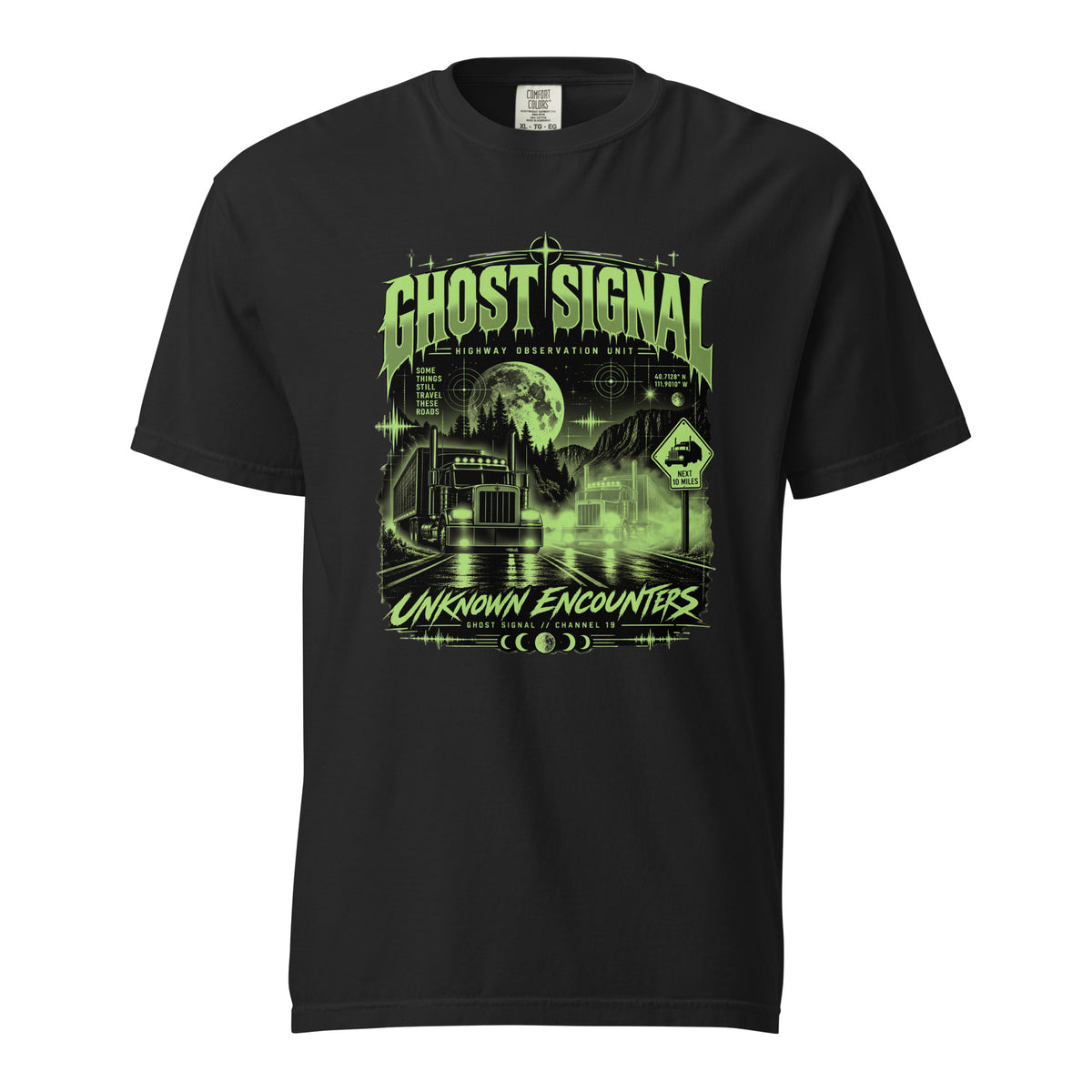 Black Ghost Signal Unknown Encounters graphic T-shirt featuring illuminated semi-trucks on a misty nighttime highway with green moonlight.