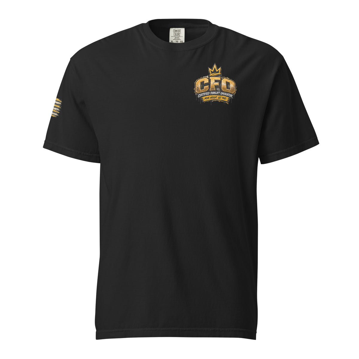 CFO Certified Forklift Operator Flag Sleeve T-shirt in Black, front view with chest crown badge and gold flag on sleeve