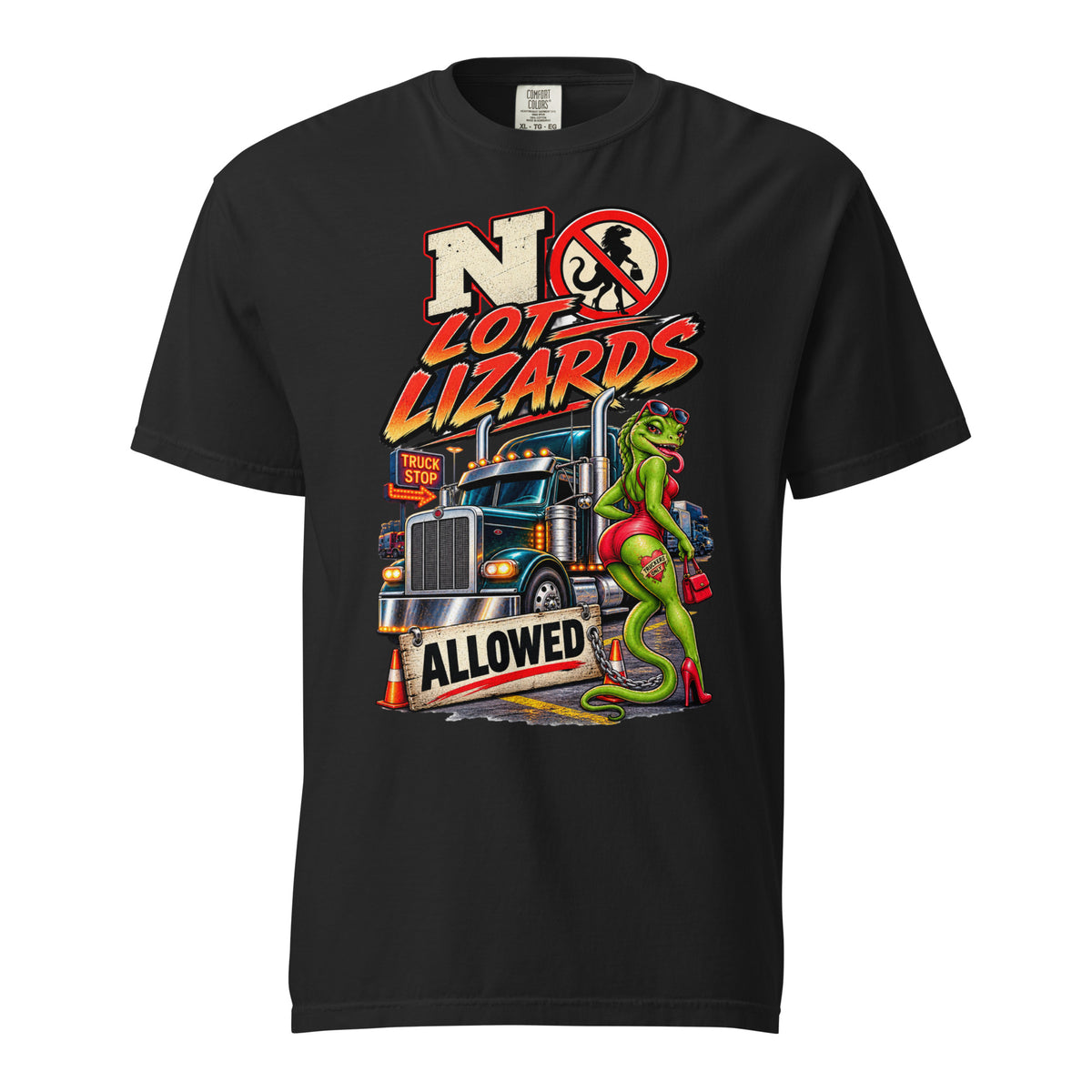 No Lot Lizards Allowed trucker T-shirt in Black with cartoon lizard, chrome semi truck and truck stop sign graphic, Comfort Colors 1717