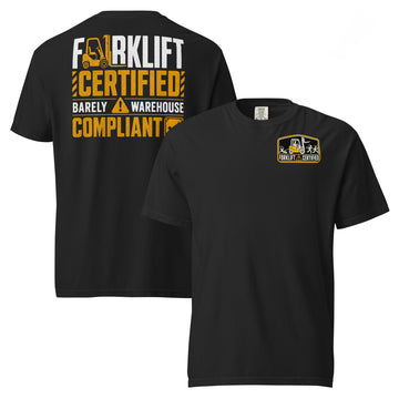 Forklift Certified Barely Warehouse Compliant heavyweight T-shirt in black, front and back views