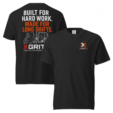 XGRITX Built for Hard Work Made for Long Shifts workwear T-shirt, black front and back views