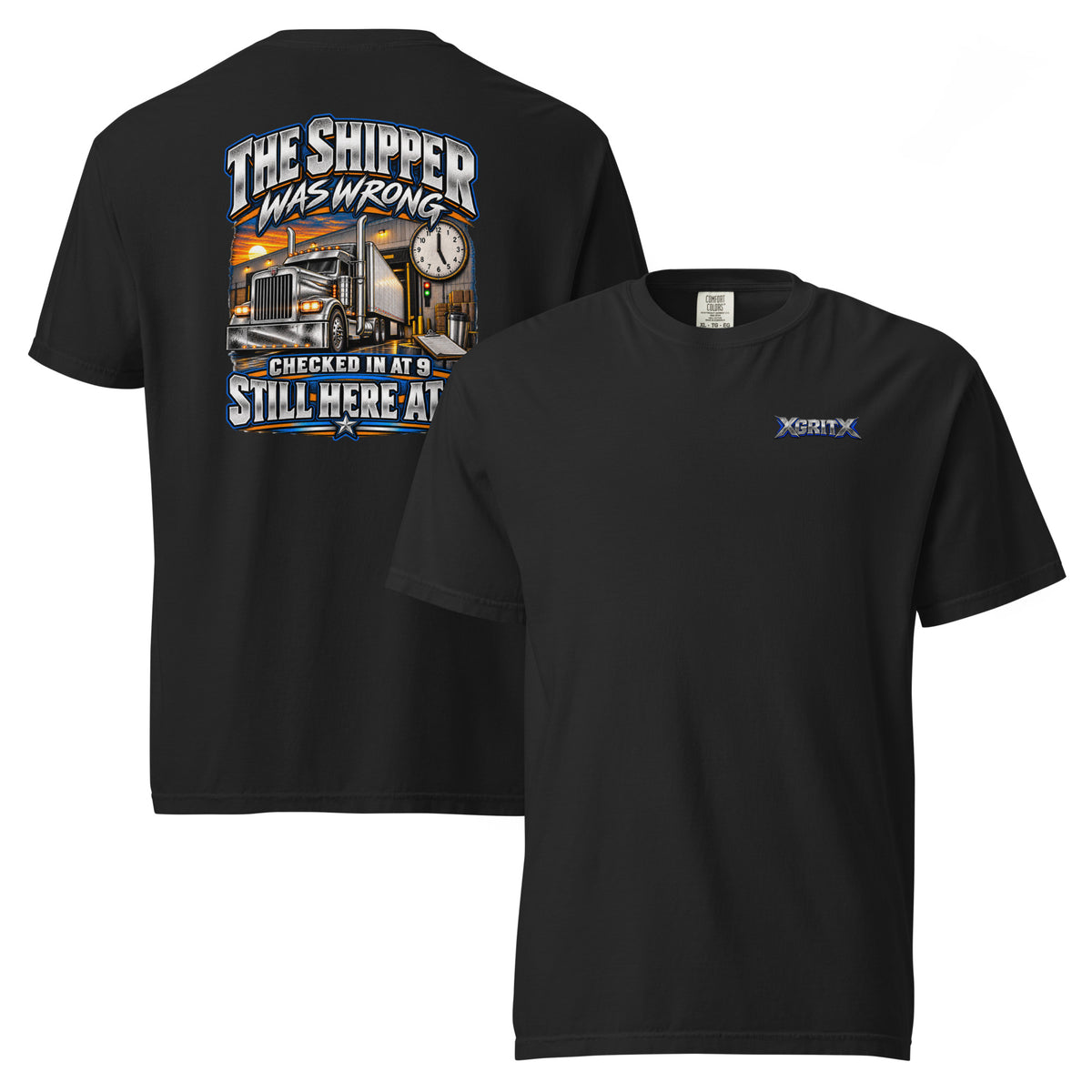 Black XGRITX T-shirt with small front logo and The Shipper Was Wrong trucking graphic on the back.