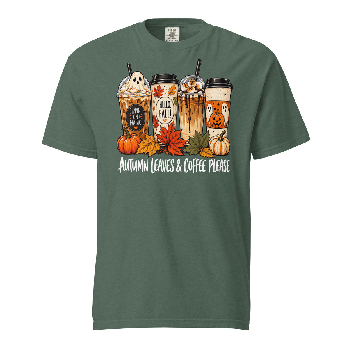 Autumn Leaves and Coffee Please fall coffee t-shirt in blue spruce, front view