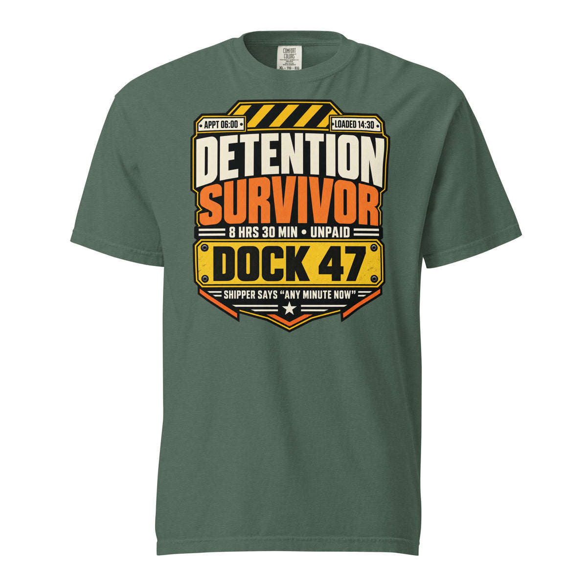 Blue Spruce green Comfort Colors Detention Survivor truck driver T-shirt with yellow orange and black Dock 47 graphic.