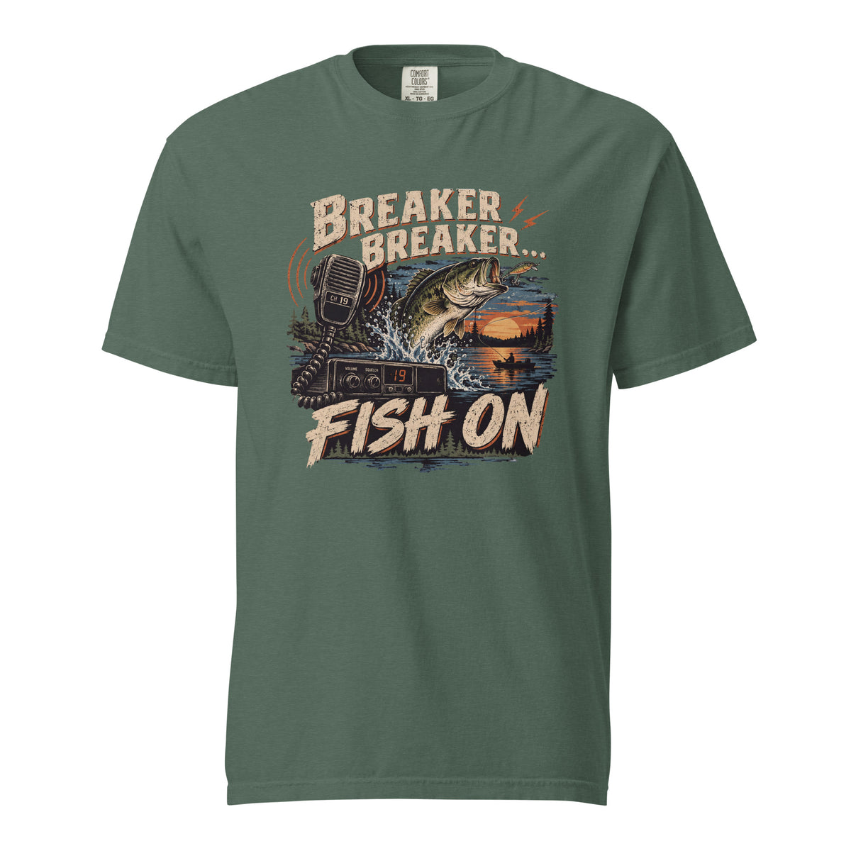 Blue Spruce Breaker Breaker Fish On T-shirt featuring jumping bass, Channel 19 CB radio and sunset lake artwork