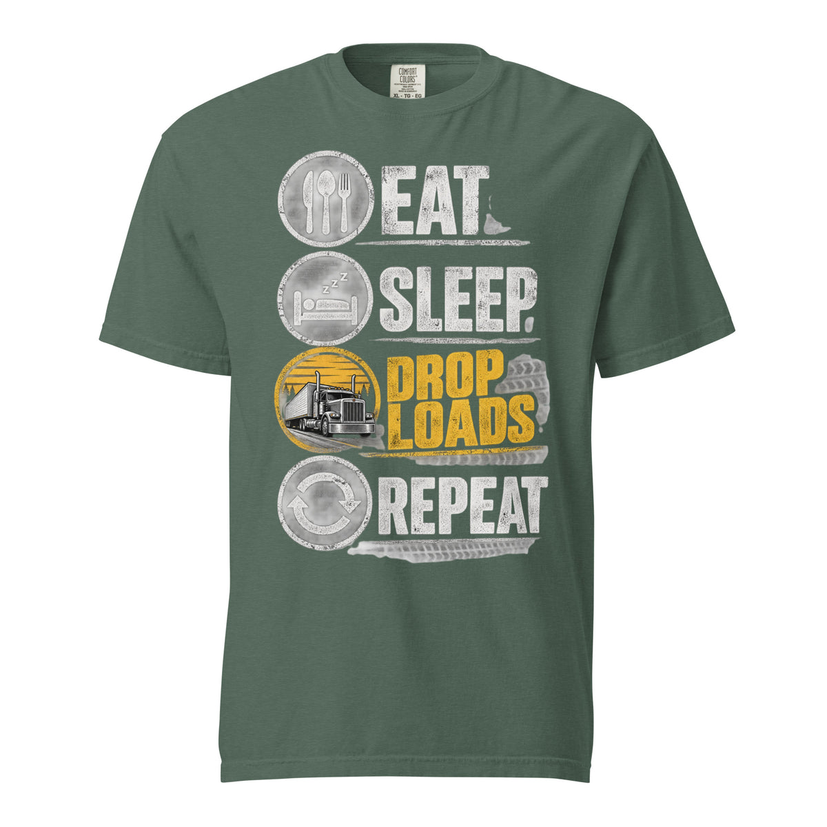 Eat Sleep Drop Loads Repeat trucker T-shirt in Blue Spruce with stacked icon design and yellow semi truck graphic, Comfort Colors 1717