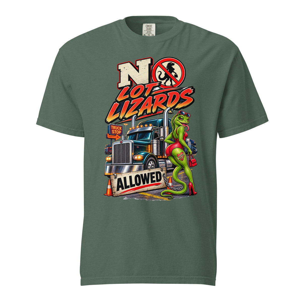 No Lot Lizards Allowed trucker T-shirt in Blue Spruce with cartoon lizard, chrome semi truck and truck stop sign graphic, Comfort Colors 1717