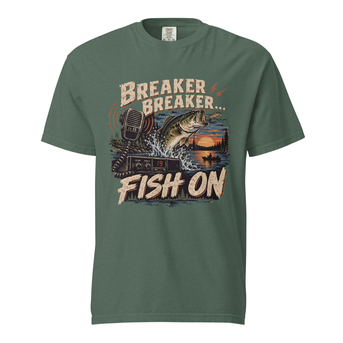 Breaker Breaker Fish On trucker fishing T-shirt in Blue Spruce with CB radio and jumping bass sunset graphic, Comfort Colors 1717