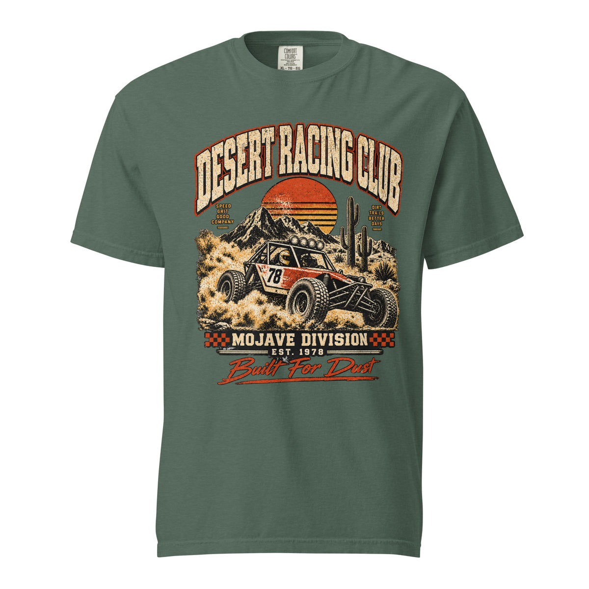 Desert Racing Club Mojave Division T-shirt in Blue Spruce with vintage arched lettering, retro sunset and #78 off-road buggy graphic, Comfort Colors 1717