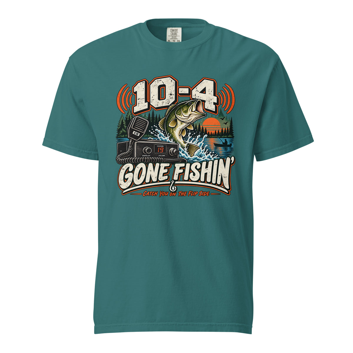 Emerald Comfort Colors T-shirt, front view, with 10-4 Gone Fishin' lettering, a jumping bass, lake sunset and CB radio graphic.