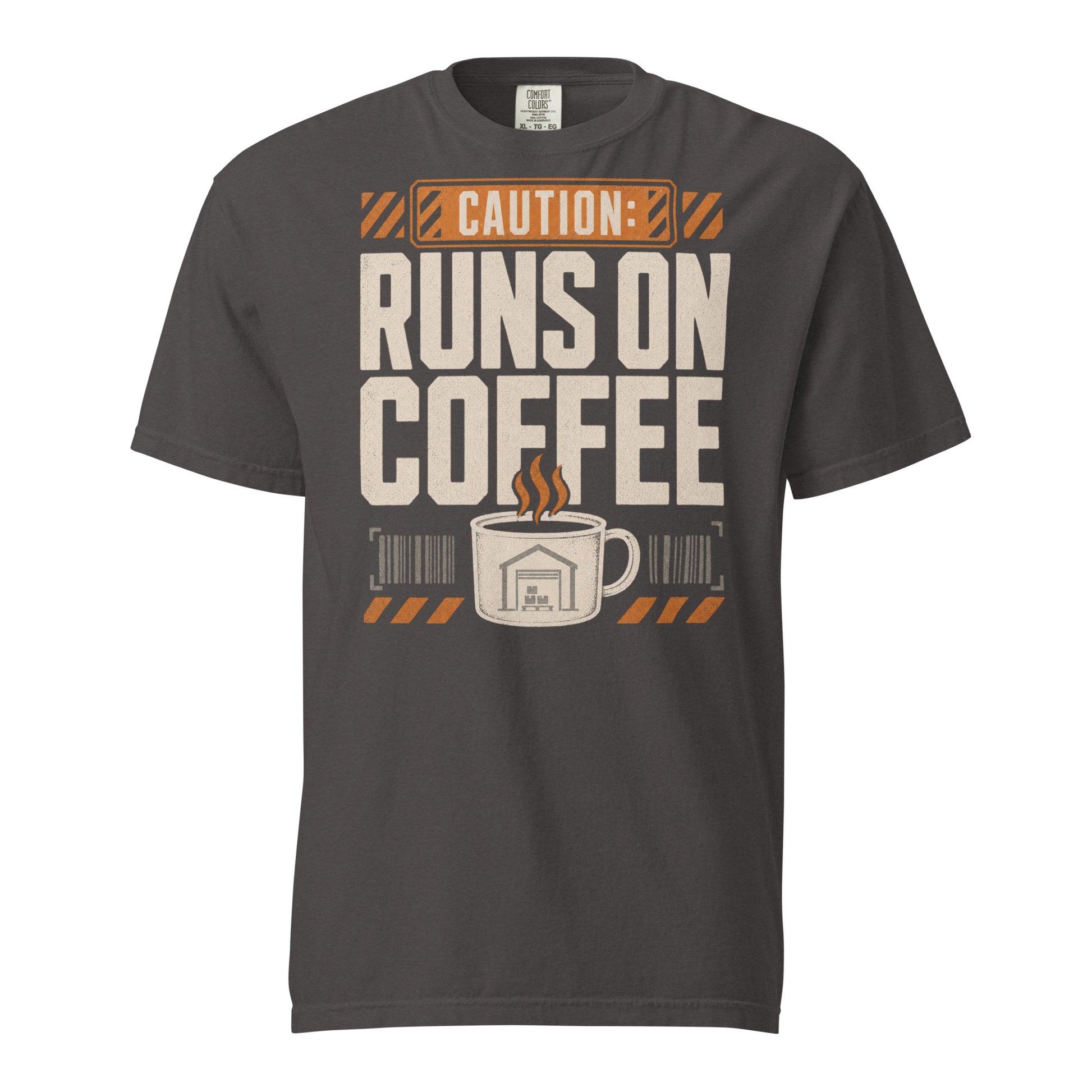 Caution Runs on Coffee warehouse worker heavyweight T-shirt in graphite, front view