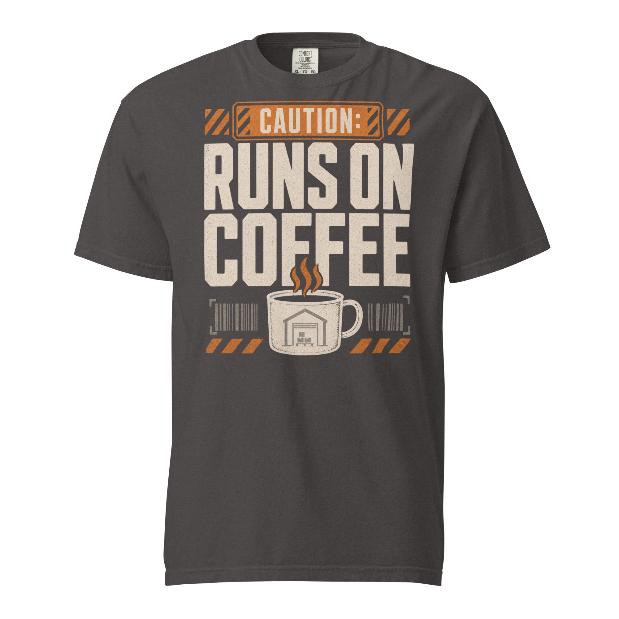 Caution Runs on Coffee warehouse worker heavyweight T-shirt in graphite, front view