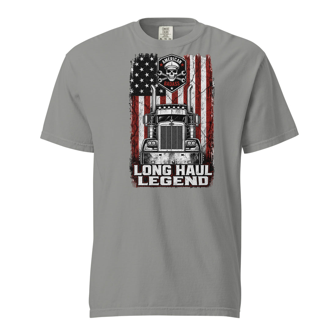 Long Haul Legend trucker tee in grey, front view