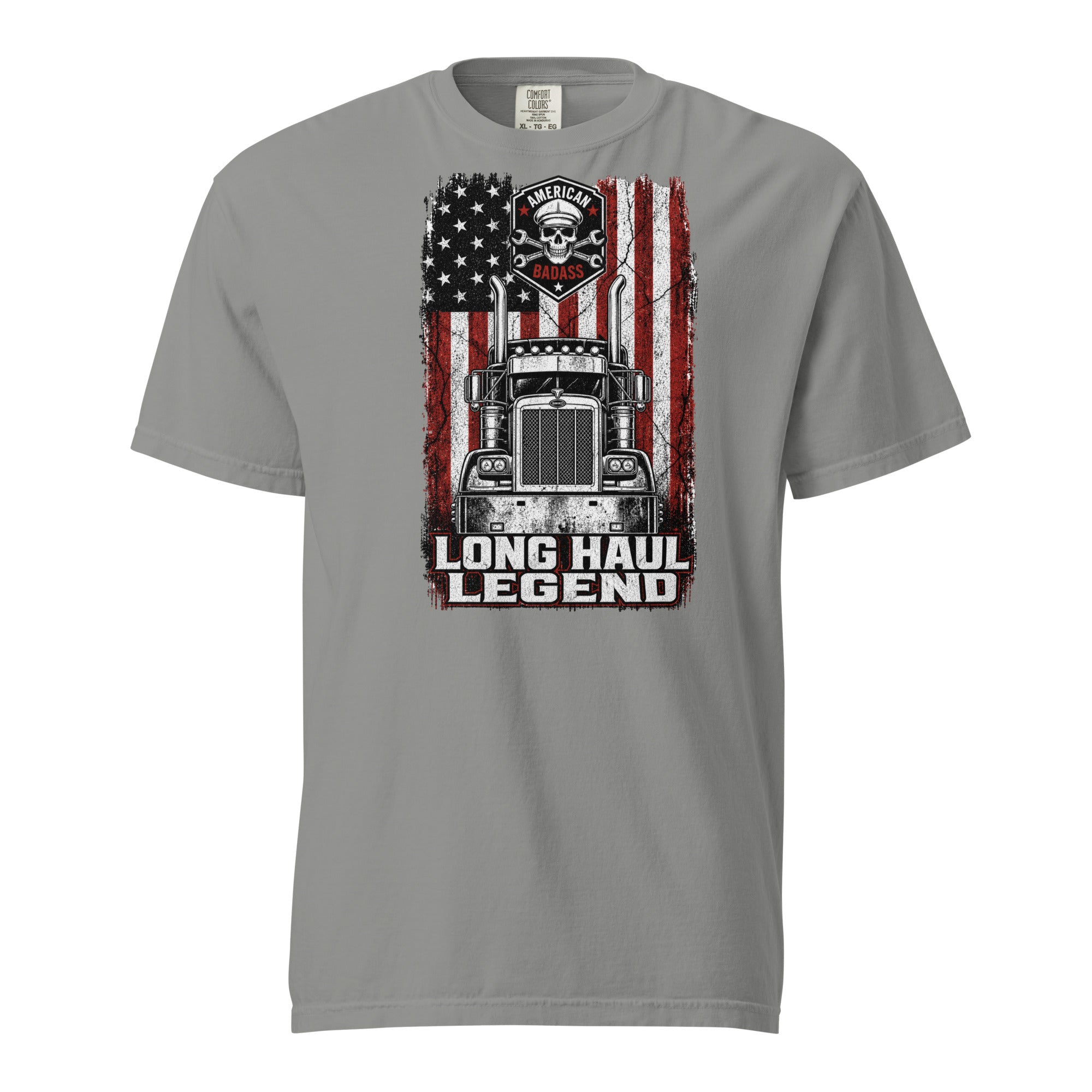 Long Haul Legend trucker tee in grey, front view