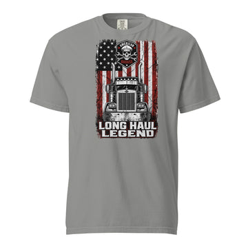 Long Haul Legend trucker tee in grey, front view