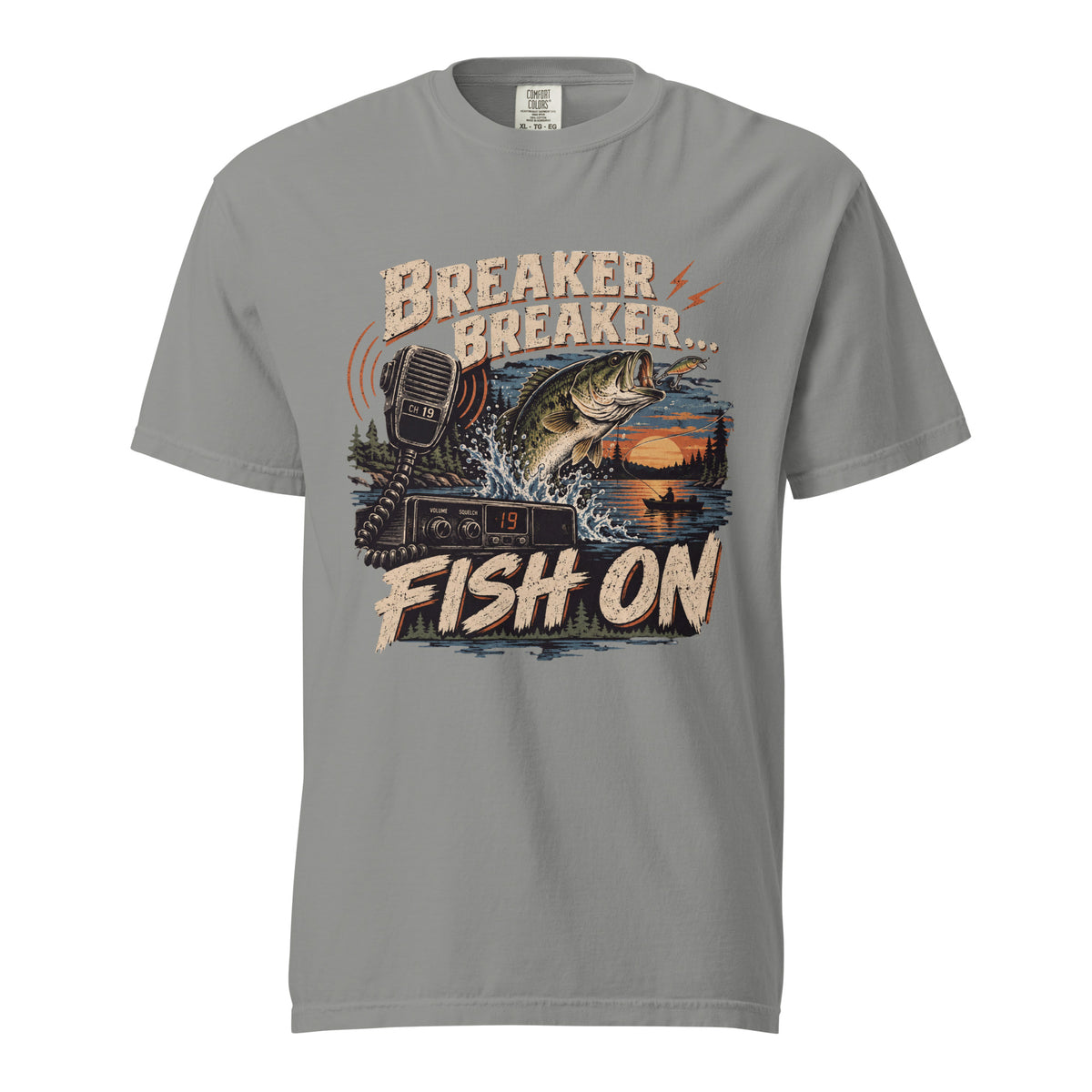 Breaker Breaker Fish On trucker fishing T-shirt in Grey with CB radio and jumping bass sunset graphic, Comfort Colors 1717
