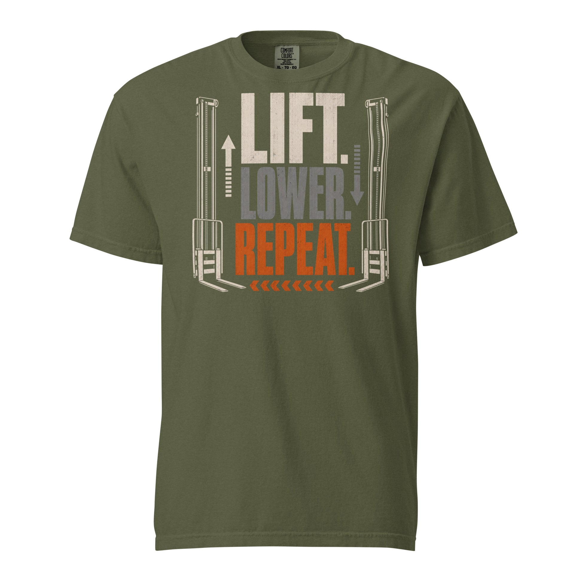 Lift Lower Repeat forklift operator heavyweight T-shirt in olive green, front graphic view