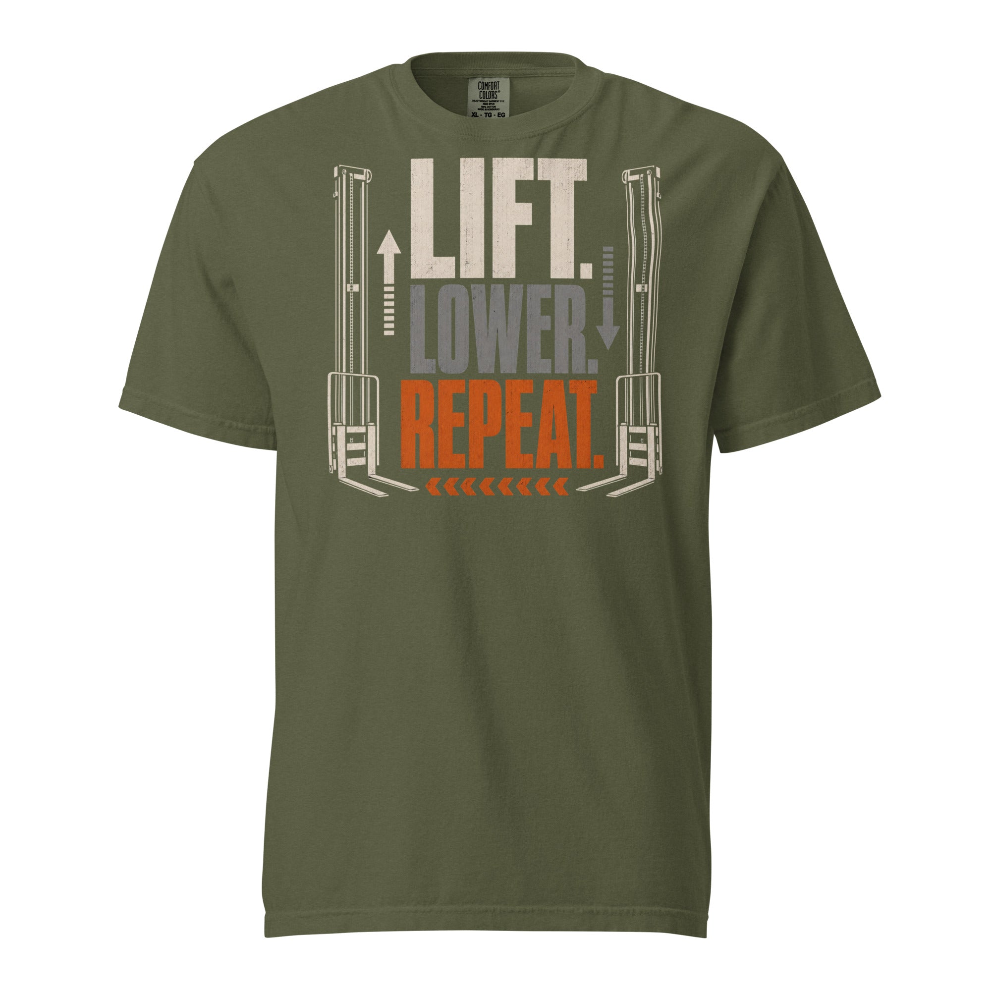 Lift Lower Repeat forklift operator heavyweight T-shirt in olive green, front graphic view