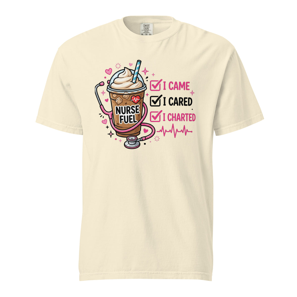 I Came I Cared I Charted nurse coffee t-shirt in ivory, front view