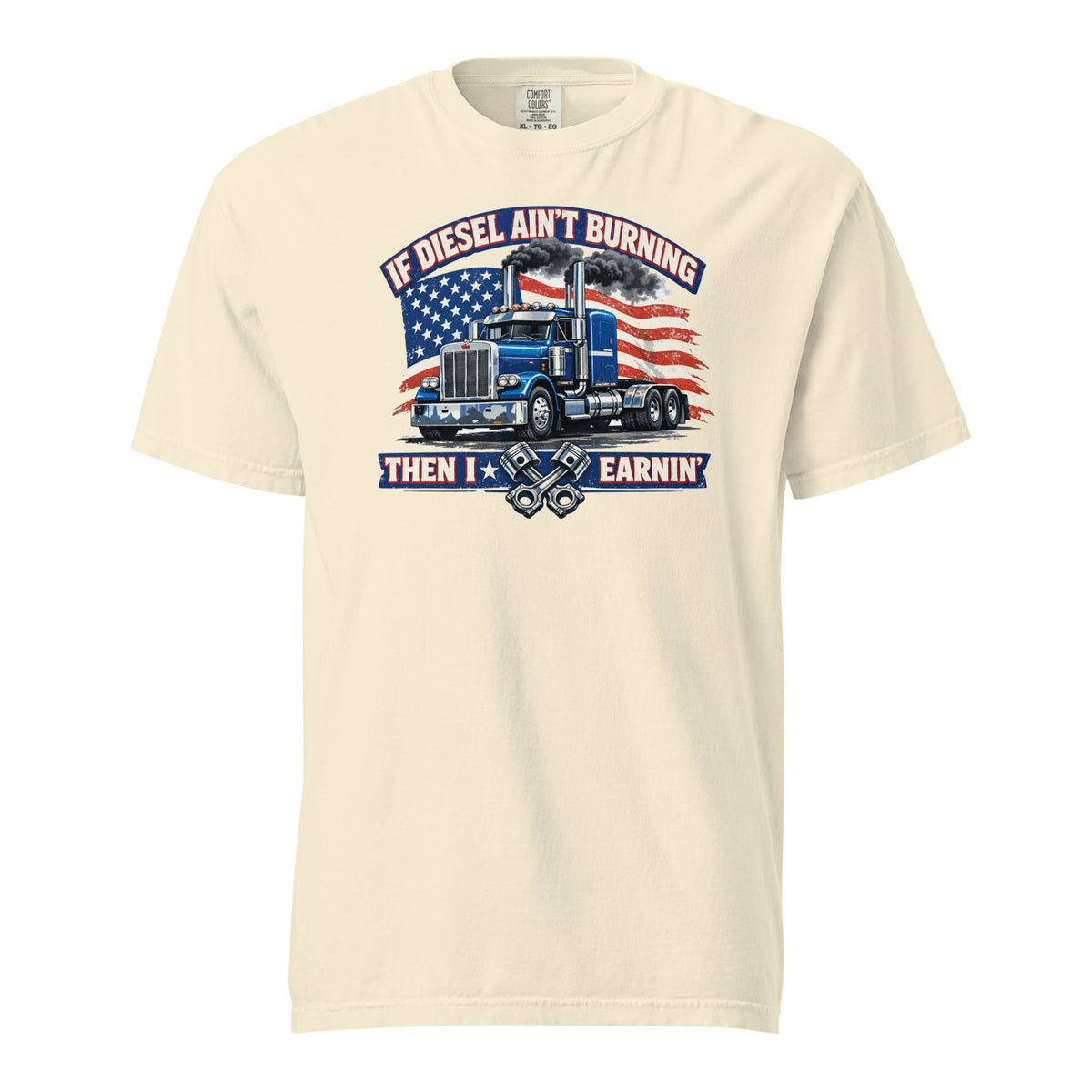 If Diesel Ain't Burning American flag semi truck t-shirt in ivory, front view