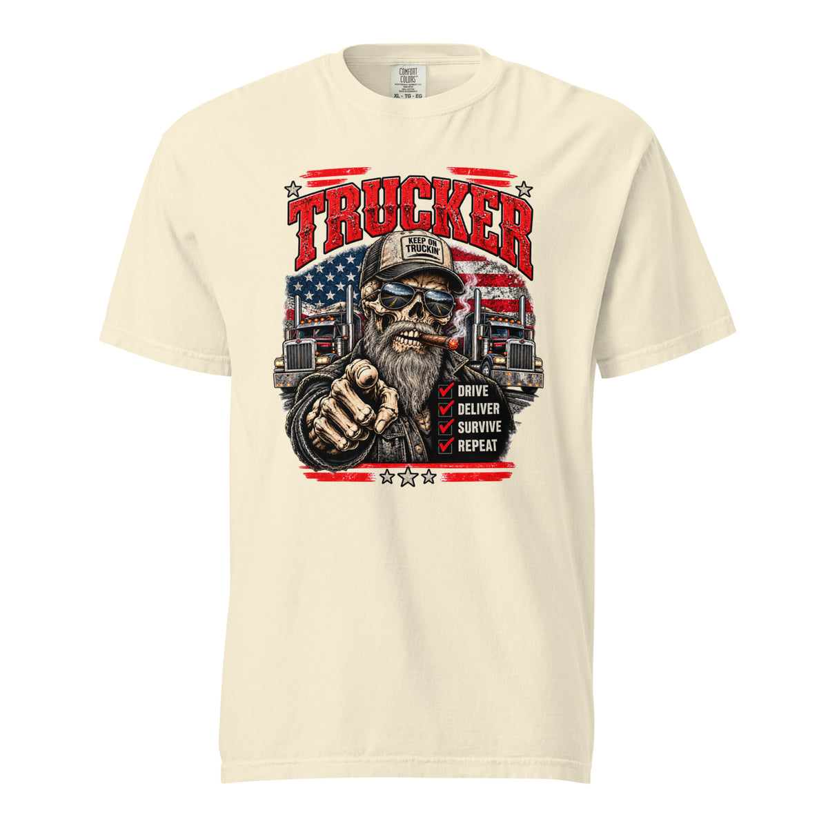 Ivory truck driver graphic tee featuring bearded skeleton, TRUCKER lettering and distressed American flag